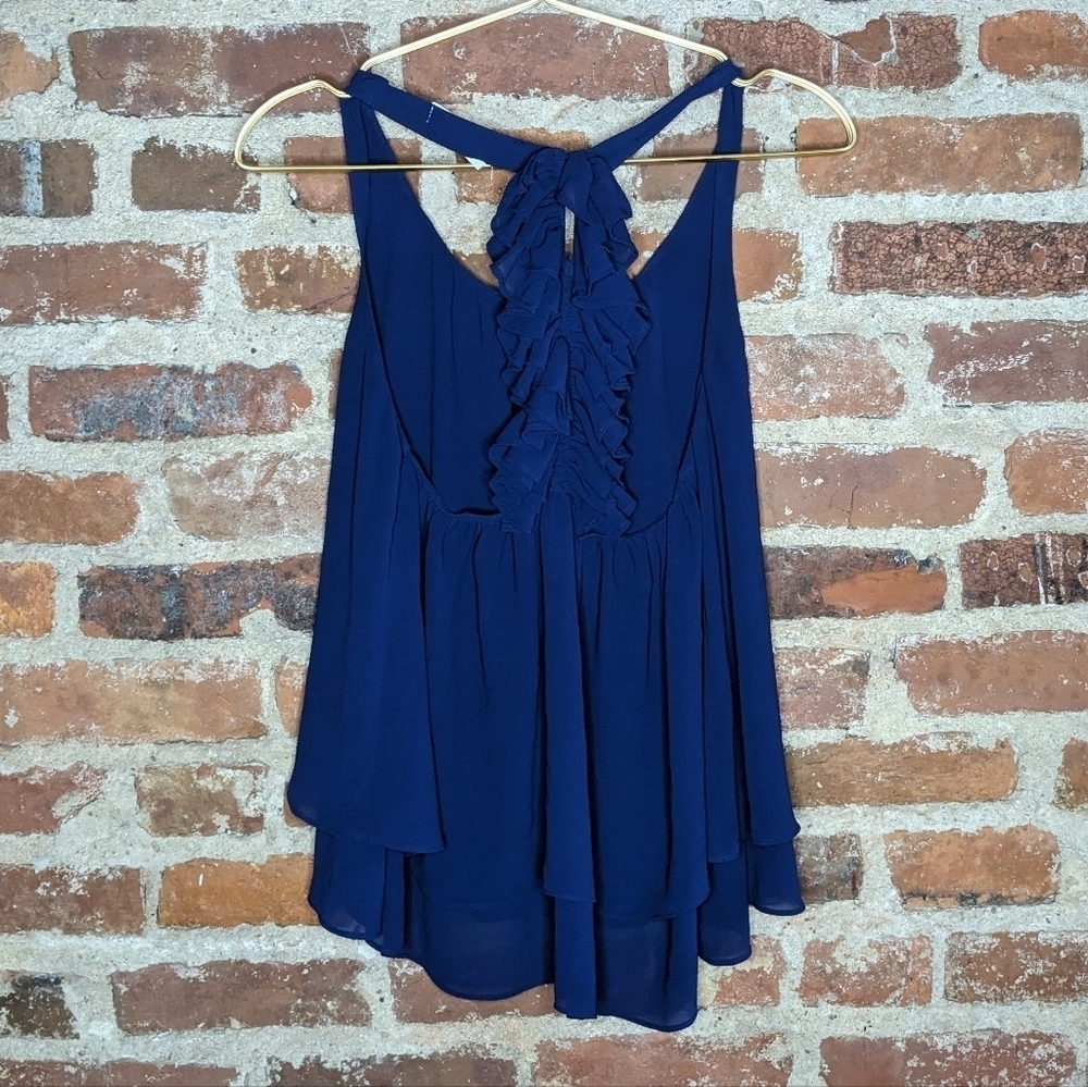 The Impeccable Pig Small Dark Blue Ruffle Racerback Flowy Sheer Lined Tank Top‎